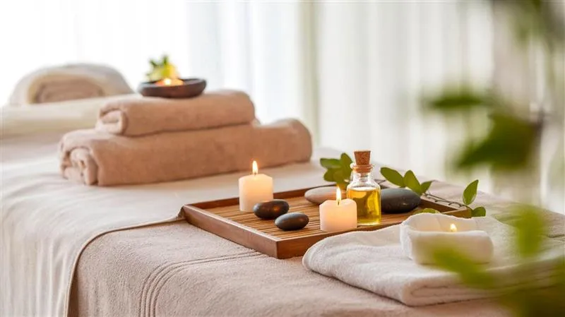 Minimalist spa decor with gentle shadows and floral accents