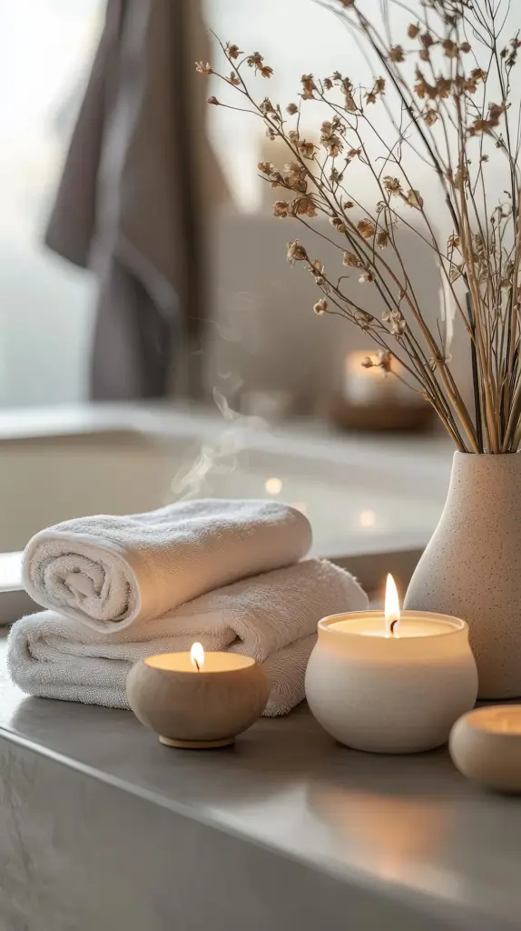 Tranquil aromatherapy setup with soft towels candles and a diffuser for a calming spa atmosphere in a serene bathroom environment