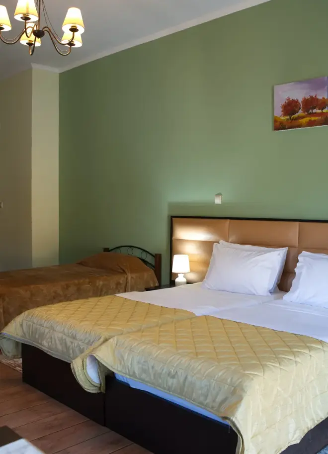 inside view of the hotel room featuring one double bed and one single bed with modern designs